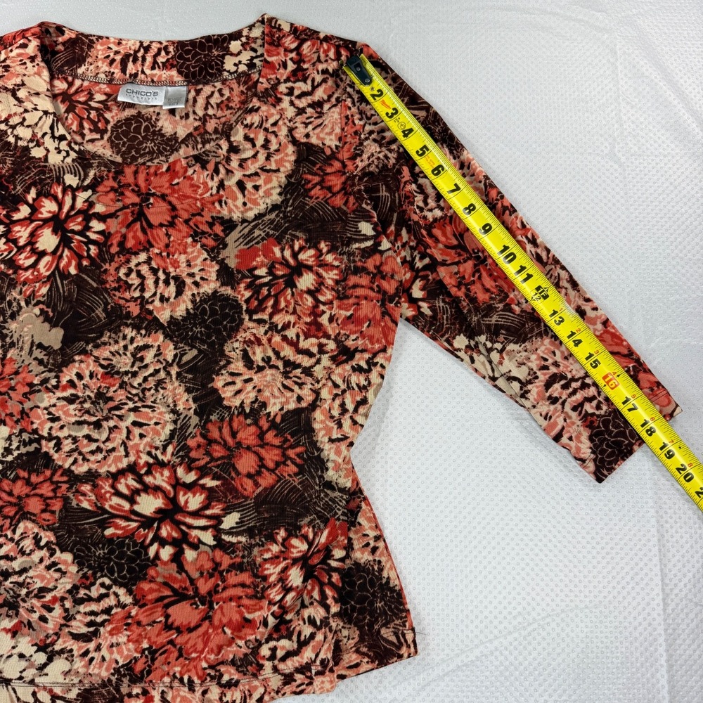 Chico's Travelers Womens Floral Top Size 3 XL 3/4 Sleeve Brown Coral Knit Blouse - Picture 4 of 9